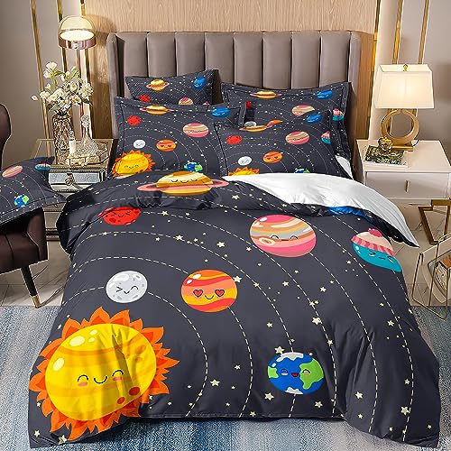 Freyamy Weltall Bettwäsche 135x200cm 2teilig Schwarz Bunt Erde Jupiter Mond Satellit Kinderbettwäsche Weltraum Jungen Kinder Bettwäsche Microfaser Bettbezug mit Reißverschluss und Kissenbezug 80x80cm von Freyamy