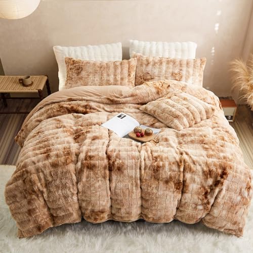 Freyamy Winter Bettwäsche 200x200 3tlg Braun Beige Gestreift,Warm Plüsch Langhaar Flauschig Bettwäsche-Sets,Weich Wendebettwäsche Flanell Winterbettwäsche,Deckenbezug mit Reißverschluss + Kissenbezug von Freyamy