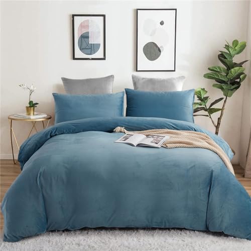 Freyamy Winter Samt Biber Flauschige Bettwäsche 220x240cm Blau Plüsch Warme Winterbettwäsche Flanell Cashmere Touch Wendebettwäsche Deckenbezug und 2 Kissenbezug 80x80cm mit Reißverschluss von Freyamy