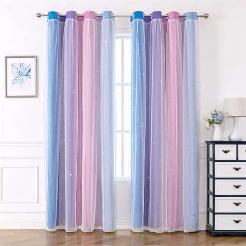 Freyamy Wohnzimmer Gardinen Blau Lila Rosa Glänzend Sterne Vorhänge Halbtransparent 130x100 (HxB) Ösenvorhang 2er Set Farbverlauf Gardinen mit Farbverlauf Vorhang verdunkelungsvorhang von Freyamy