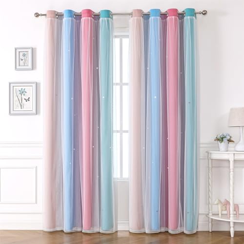 Freyamy Wohnzimmer Gardinen Blau Rosa Grün Glänzend Sterne Vorhänge Halbtransparent 160x132 (HxB) Ösenvorhang 2er Set Farbverlauf Gardinen mit Farbverlauf Vorhang verdunkelungsvorhang von Freyamy