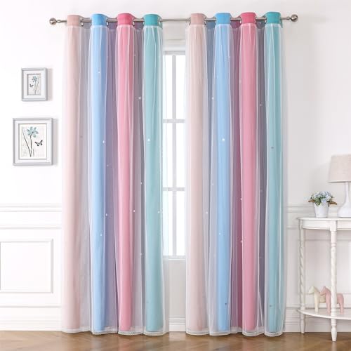 Freyamy Wohnzimmer Gardinen Blau Rosa Grün Glänzend Sterne Vorhänge Halbtransparent 250x100 (HxB) Ösenvorhang 2er Set Farbverlauf Gardinen mit Farbverlauf Vorhang verdunkelungsvorhang von Freyamy