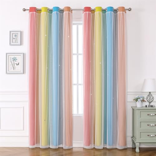 Freyamy Wohnzimmer Gardinen Orange Blau Gelb Glänzend Sterne Vorhänge Halbtransparent 160x132 (HxB) Ösenvorhang 2er Set Farbverlauf Gardinen mit Farbverlauf Vorhang verdunkelungsvorhang von Freyamy