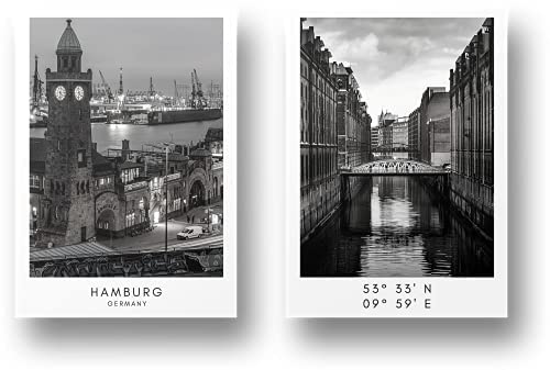 Freyheit | Premium Poster Set | stilvolles 2er-Set mit passenden Bildern in schwarz-weiß | 2 Stück in DIN A4 (21x30cm) oder DIN A3 (30x42cm) | ohne Bilderrahmen » Städte « (Hamburg, A3) von Freyheit