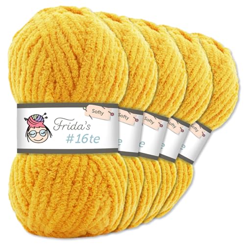 Frida's Wollhaus Frida‘s 5 x 100 g #16te Softy Chenille Wolle Stricken Häkeln weich 35 Farben (216 | Gelb) von Frida's Wollhaus