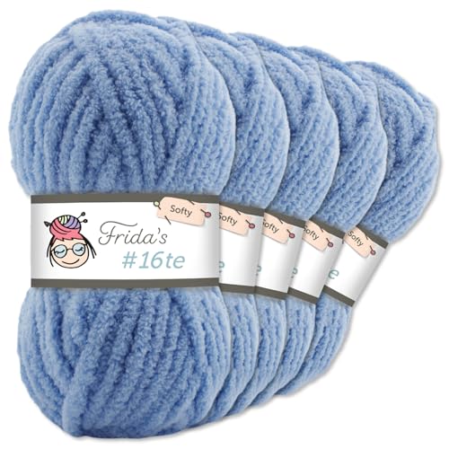Frida's Wollhaus Frida‘s 5 x 100 g #16te Softy Chenille Wolle Stricken Häkeln weich 35 Farben (374 | Blau) von Frida's Wollhaus