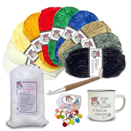Frida's Wollhaus Frida's Garn-Set Sommer 34-teilig #Zweite Chenillegarn Wolle Tasse Häkelnadel Maschenmarkierer Füllwatte von Frida's Wollhaus