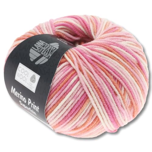 Frida's Wollhaus Lana Grossa 50 g Cool Wool Print Merino Wolle Garn Häkeln Stricken 16 Farben (726 | Rosa/Pink/Koralle/Ecru) von Frida's Wollhaus