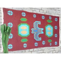 Vintage Teppich Wolle Mid-Century Südwesten Einrichtung, Wandteppich Kelim Handgewebt Fransen, Azteken Mexiko Braun Weinrot Türkis Grün Blau von Fridalicious4U