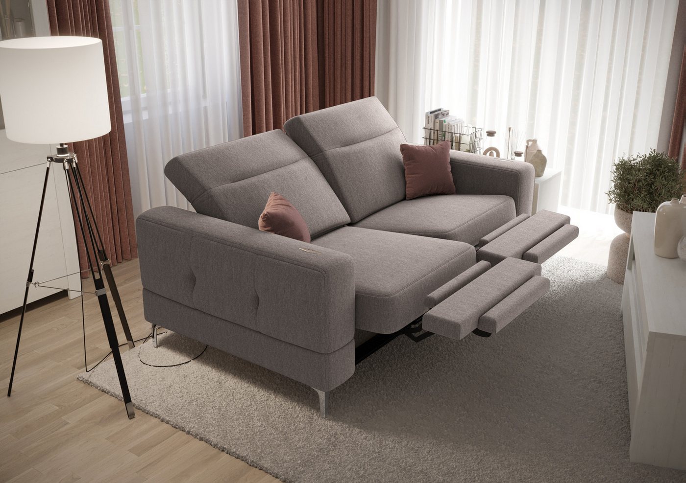 Friderik-EU 2-Sitzer mit elektrischer Relaxfunktion, Malibu Relax II, 180 cm, Gemma Stoff, – verstellbaren Kopfstützen – stilvolle Metallfüße von Friderik-EU
