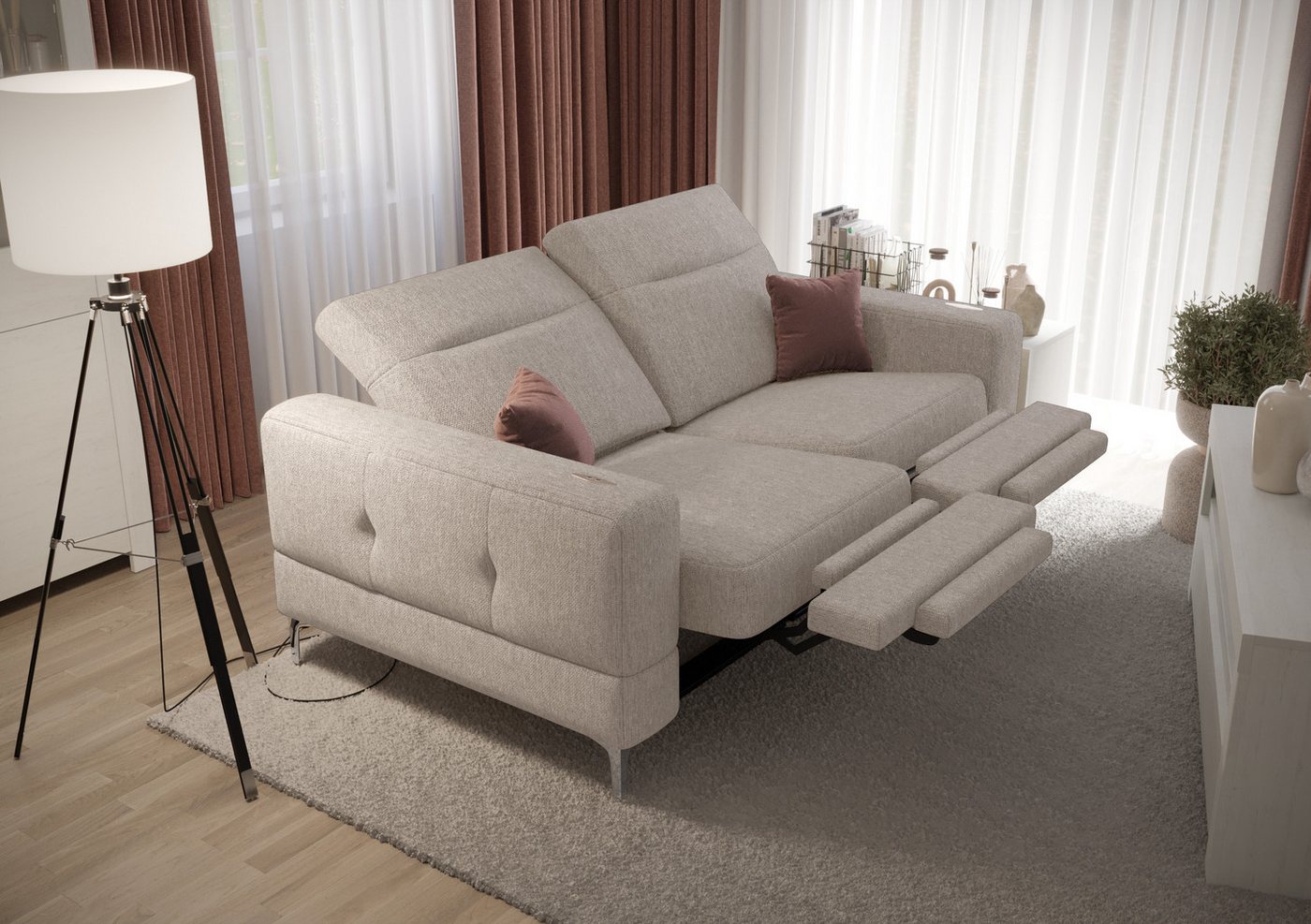 Friderik-EU 2-Sitzer mit elektrischer Relaxfunktion, Malibu Relax II, 180 cm, Gemma Stoff, – verstellbaren Kopfstützen – stilvolle Metallfüße von Friderik-EU