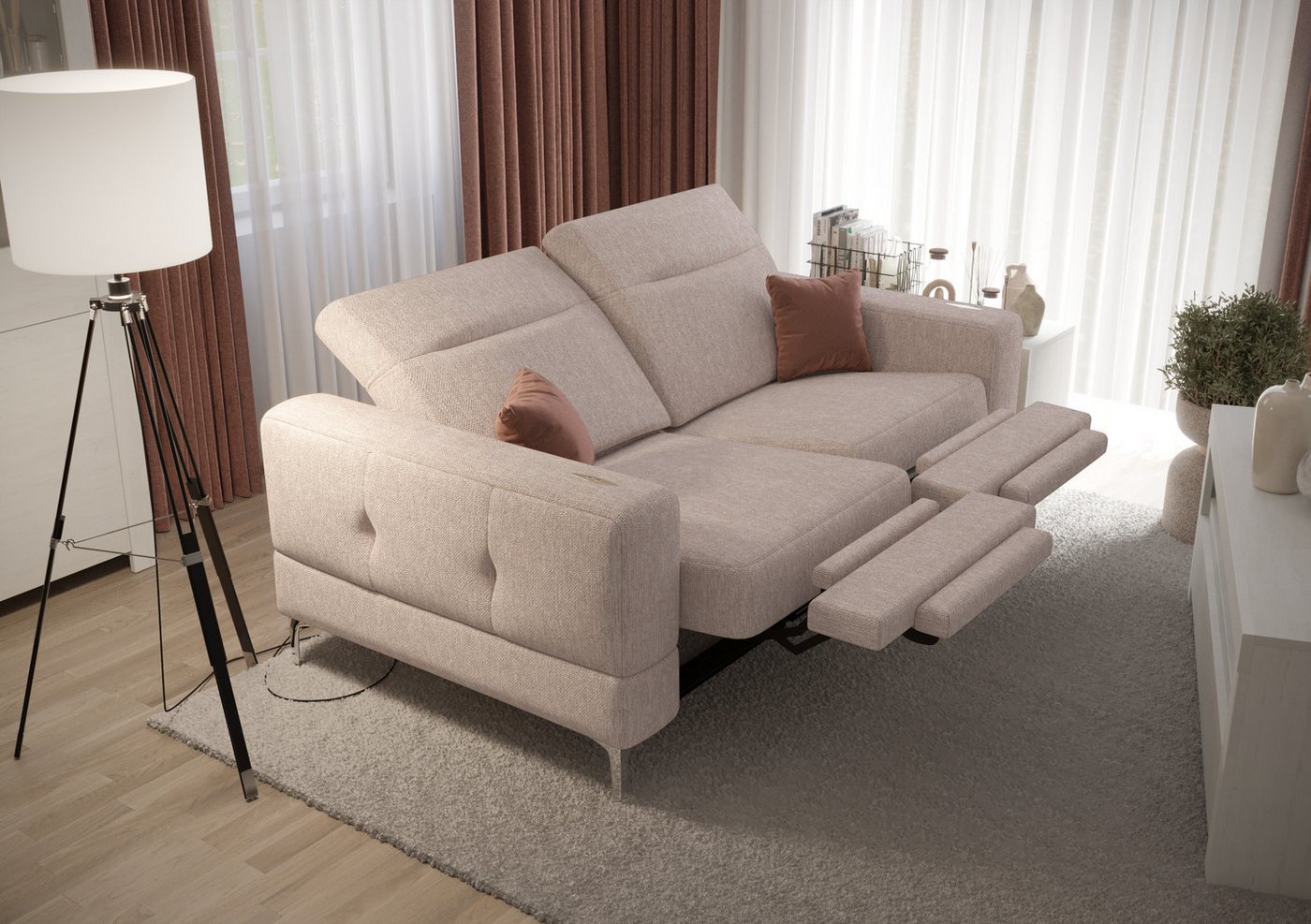 Friderik-EU 2-Sitzer mit elektrischer Relaxfunktion, Malibu Relax II, 180 cm, Gemma Stoff, – verstellbaren Kopfstützen – stilvolle Metallfüße von Friderik-EU