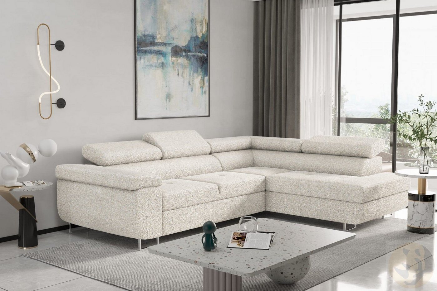 Friderik-EU Ecksofa ANTONIA Moderne Couch auf Metallbeinen, Bettkasten, Schlaffunktion, verstellbare Kopfstützen von Friderik-EU