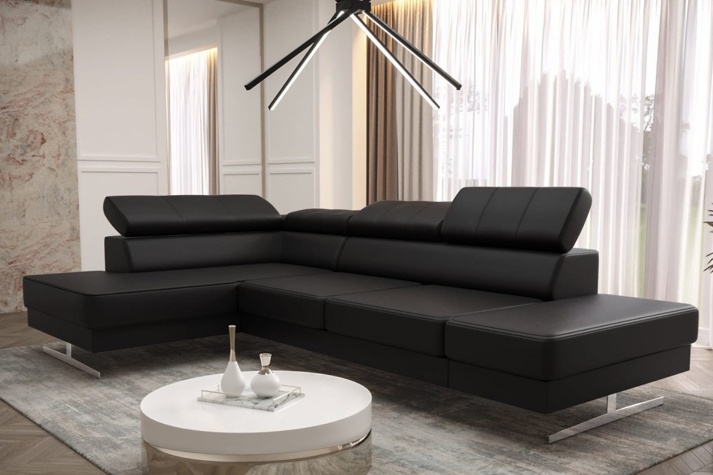 Friderik-EU Ecksofa EMPORIO MINI Echtleder-Sofa mit Kopfstützen & silbernen Füßen von Friderik-EU