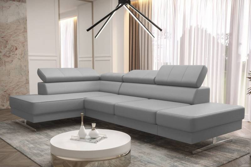 Friderik-EU Ecksofa EMPORIO MINI Echtleder-Sofa mit Kopfstützen & silbernen Füßen von Friderik-EU