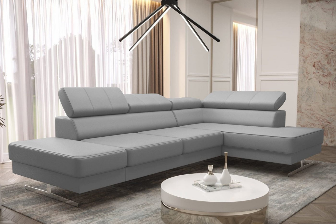 Friderik-EU Ecksofa EMPORIO MINI Echtleder-Sofa mit Kopfstützen & silbernen Füßen von Friderik-EU