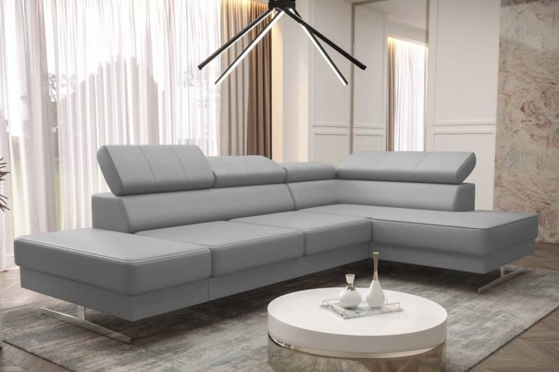 Friderik-EU Ecksofa EMPORIO MINI Echtleder-Sofa mit Kopfstützen & silbernen Füßen von Friderik-EU