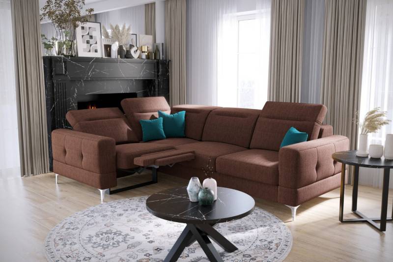 Friderik-EU Ecksofa Malibu Relax mit Schlaffunktion – 185×250 cm – Stoff Gemma, höhenverstellbare Kopfstützen – moderne Metallfüße von Friderik-EU
