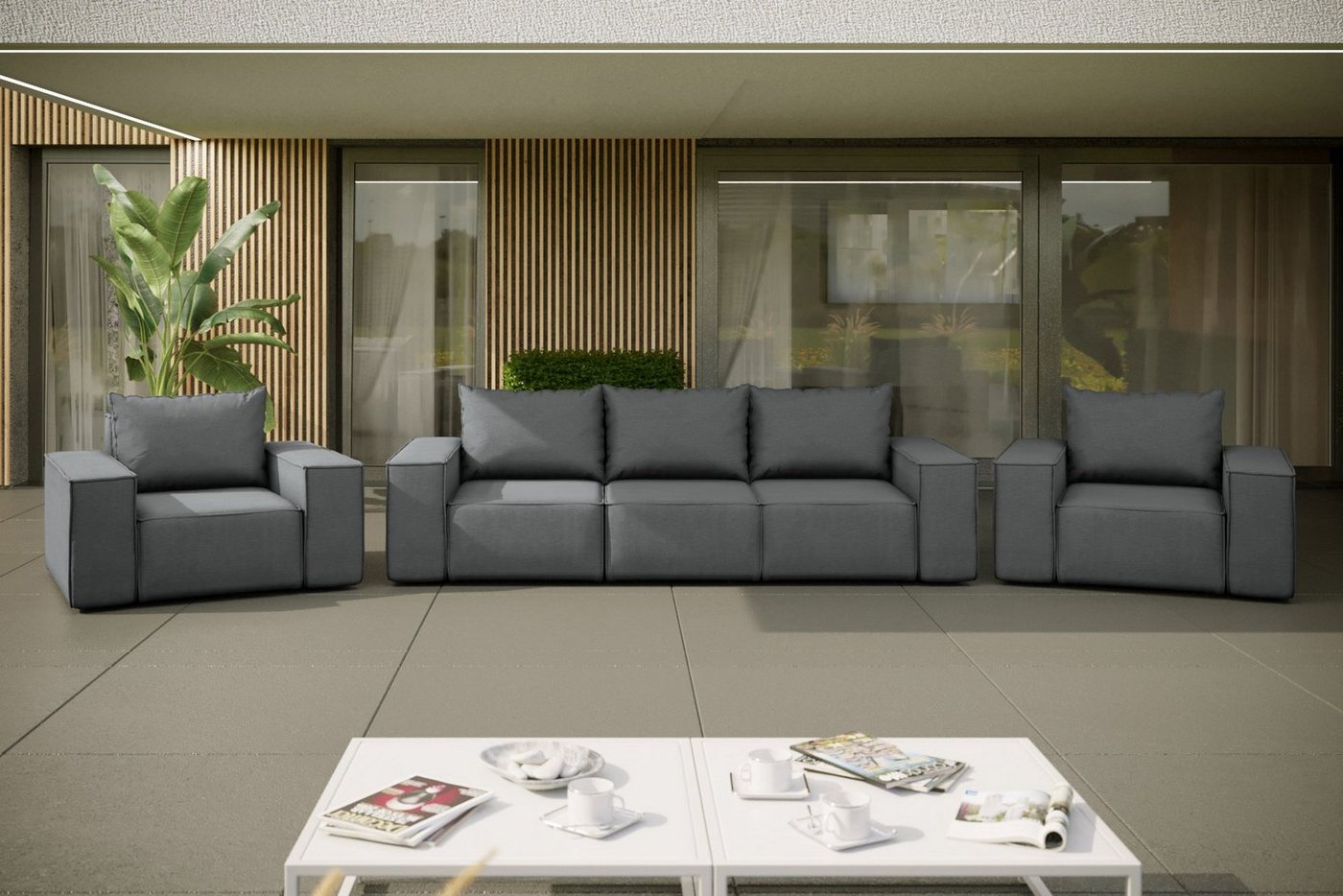 Friderik-EU Gartenlounge-Set Dreisitzer Sofa mit 2 Sesseln Gartenmöbel Terrasse Wasserdicht Rattan von Friderik-EU