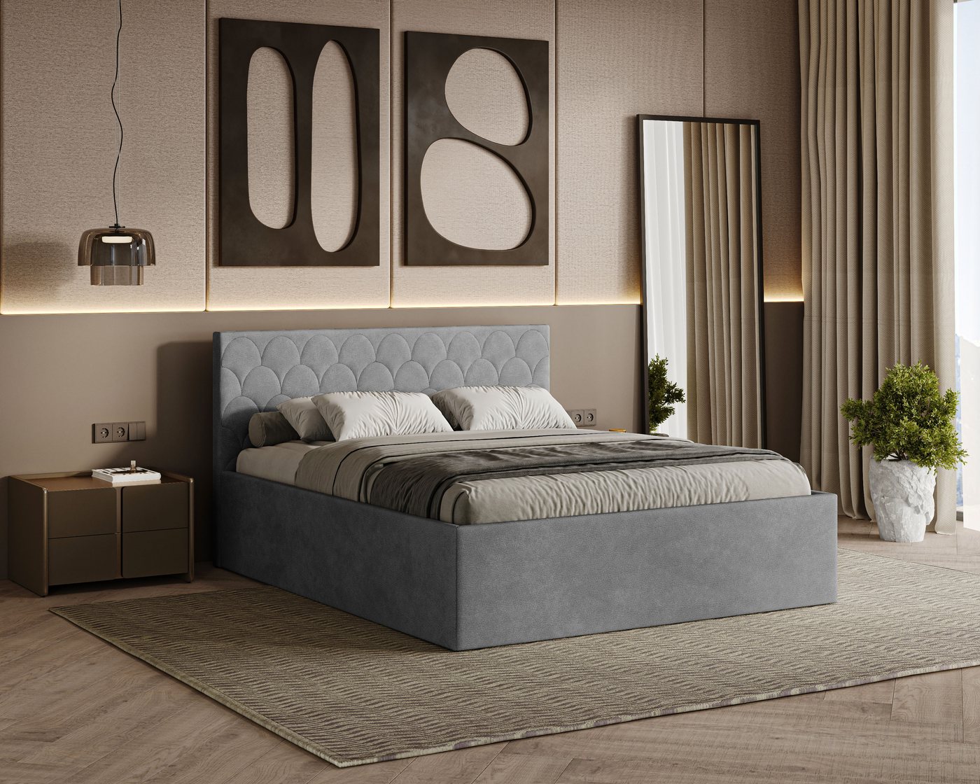 Friderik-EU Polsterbett Radius – modernes Doppelbett mit Bettkasten & gepolstertem Kopfteil (Bettgestell mit Lattenrost, Matratze nicht enthalten), Bett mit Bettkasten und gepolstertem Kopfteil von Friderik-EU