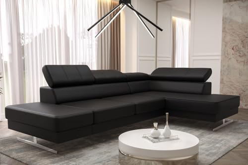 Ecksofa Emporio MINI 300x180 cm aus Echtleder – modernes Ledersofa mit verstellbaren Kopfstützen, silbernen Füßen – Eckcouch Links oder rechts wählbar – Premium Design Sofa (Schwarz, Rechts) von Friderik