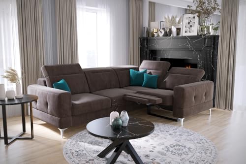 Ecksofa Malibu Relax mit Schlaffunktion – 185×250 cm – Stoff Terra - höhenverstellbare Kopfstützen – Moderne Metallfüße (Braun, Rechts) von Friderik
