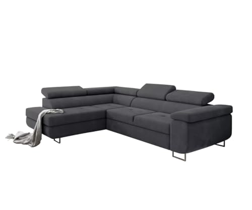 Friderik Antonia Ecksofa mit Schlaffunktion mit L-förmiger Box, Sofa mit Bettcontainer, Sofa mit verstellbaren Kopfstützen (Dunkelgrau, Links) von Friderik