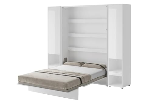 Friderik Bed Concept BC-01 Wandklappbett Vertikal Schrankbett mit Matratze, 140x200 cm + 2X Vertikalschrank BC-07 (Weiß Hochglanz) von Friderik