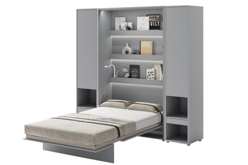 Friderik Bed Concept BC-02 Wandklappbett Vertikal Schrankbett mit Matratze und mit LED-Beleuchtung, 120x200 cm +2X Vertikalschrank BC-07 (Grau) von Friderik