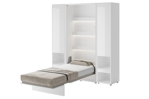 Friderik Bed Concept BC-03 Wandklappbett Vertikal Schrankbett mit Matratze, 90x200 cm + 2X Vertikalschrank BC-07 (Weiß Hochglanz) von Friderik