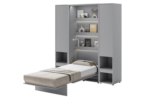 Friderik Bed Concept BC-03 Wandklappbett Vertikal Schrankbett mit Matratze und mit LED-Beleuchtung, 90x200 cm + 2X Vertikalschrank BC-07 (Grau) von Friderik