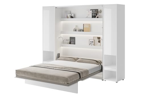 Friderik Bed Concept BC-12 Wandklappbett Vertikal Schrankbett mit Matratze und mit LED-Beleuchtung, 160x200 cm + 2X Vertikalschrank BC-07 (Weiß Hochglanz) von Friderik