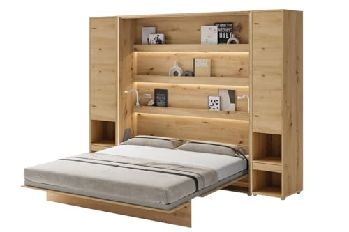 Friderik Bed Concept BC-13 Wandklappbett Vertikal Schrankbett mit Matratze und mit LED-Beleuchtung, 180x200 cm + 2X Vertikalschrank BC-07 (Artisan-Eiche) von Friderik