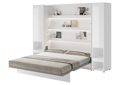 Friderik Bed Concept BC-13 Wandklappbett Vertikal Schrankbett mit Matratze und mit LED-Beleuchtung, 180x200 cm + 2X Vertikalschrank BC-07 (Weiß Hochglanz) von Friderik