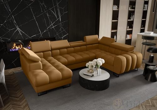 Friderik Ecksofa Aspen MAX II Ledersofa U-Form 195x350x170 cm Schlaffunktion Bettkasten (Senf, Rechts) von Friderik