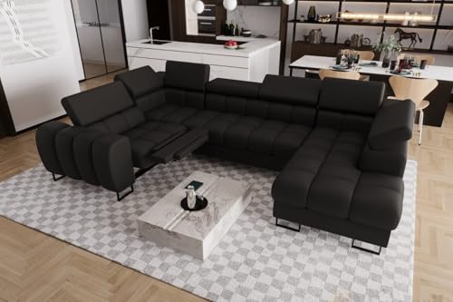 Friderik Ecksofa Aspen MAX II Relax Ledersofa U-Form Schlaffunktion 198x350x170 cm Bettkasten (Schwarz, Links) von Friderik