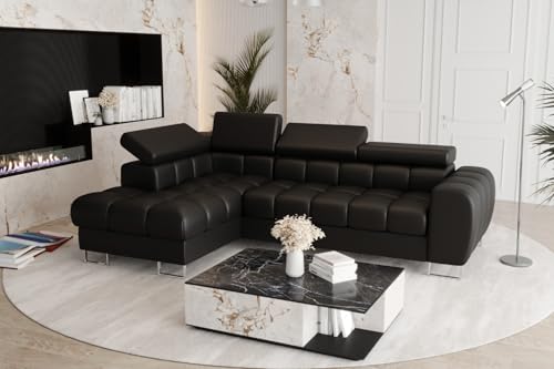 Friderik Ecksofa Aspen Mini mit Schlaffunktion– 260x170 cm - Madrit-Kunstleder - verstellbare Kopfstützen - Bettkasten - Liegefläche 117x190 cm (Schwarz, Links) von Friderik