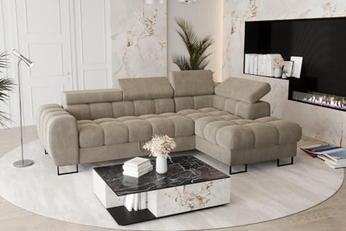 Friderik Ecksofa Aspen Mini mit Schlaffunktion– 260x170 cm - Terra Stoff - verstellbare Kopfstützen - Bettkasten - Liegefläche 117x190 cm (Beige, Rechts) von Friderik