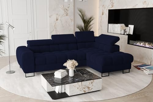 Friderik Ecksofa Aspen Mini mit Schlaffunktion– 260x170 cm - Terra Stoff - verstellbare Kopfstützen - Bettkasten - Liegefläche 117x190 cm (Dunkelblau, Rechts) von Friderik