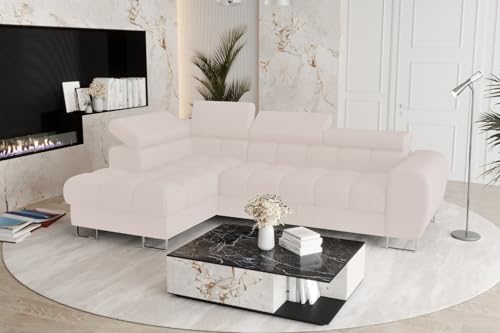 Friderik Ecksofa Aspen Mini mit Schlaffunktion und Bettkasten – 260x170 cm - verstellbare Kopfstützen - Liegefläche 117x190 cm - Schlafsofa (Creme, Links) von Friderik