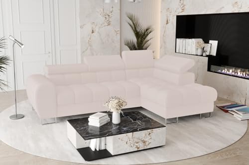 Friderik Ecksofa Aspen Mini mit Schlaffunktion und Bettkasten – 260x170 cm - verstellbare Kopfstützen - Liegefläche 117x190 cm - Schlafsofa (Creme, Rechts) von Friderik