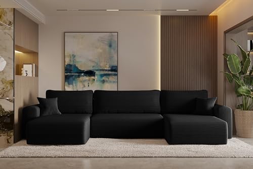 Friderik Ecksofa Capri U – 362 cm Schlafsofa mit Bettkasten & Schlaffunktion, Poso-Stoff, Universelle Konfiguration, Wohnlandschaft, 5-Sitzer, Schwarz, Poso 135 von Friderik