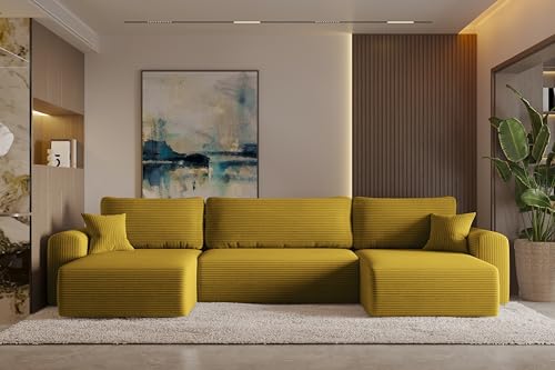 Friderik Ecksofa Capri U – 362 cm Schlafsofa mit Bettkasten & Schlaffunktion, Poso-Stoff, Universelle Konfiguration, Wohnlandschaft, 5-Sitzer, Senfgelb, Poso 43 von Friderik