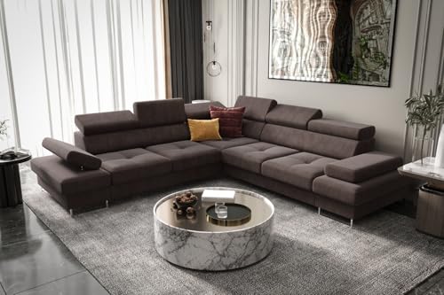 Friderik Ecksofa Galaxy MAX 276×276 cm mit Schlaffunktion – Stoffbezug Terra, Verstellbare Kopfstützen, Bettkasten (Braun, Rechts) von Friderik