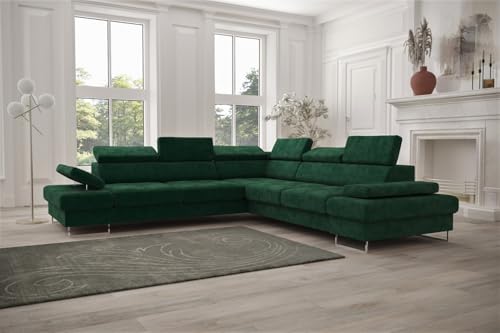 Friderik Ecksofa Galaxy MAX 276×276 cm mit Schlaffunktion – Stoffbezug Terra, Verstellbare Kopfstützen, Bettkasten (Dunkelgrün, Rechts) von Friderik