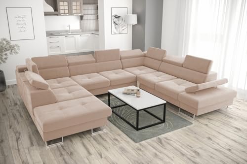 Friderik Ecksofa Galaxy MAX I Ecksofa mit Schlaffunktion, 280x350x225 cm, Stoff Gemma, Bettkasten, verstellbaren Kopfstützen & Armlehne (Beige, Rechts) von Friderik