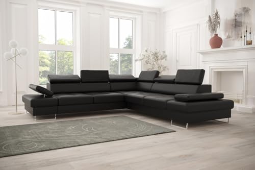 Friderik Ecksofa Galaxy MAX mit Schlaffunktion & Bettkasten – Kunstleder MADRIT, verstellbare Kopfstützen & Armlehne (Schwarz, Rechts) von Friderik