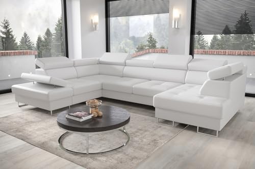 Friderik Ecksofa Galaxy Max II U-Form mit Schlaffunktion & Bettkästen – Stoff Madrit, verstellbaren Kopfstützen & Armlehne (Weiß, Links) von Friderik