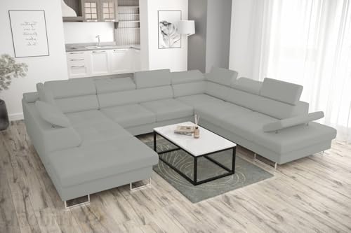 Friderik Ecksofa Leder Galaxy MAX I Ledersofa 280x350x225 cm Schlaffunktion und Zwei Bettkasten (Hellgrau, Rechts) von Friderik
