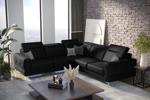Friderik Ecksofa Malibu Max 250x250 cm mit Schlaffunktion, Kunstleder Madryt - Verstellbare Kopfstützen & Armlehne (Schwarz, Rechts) von Friderik